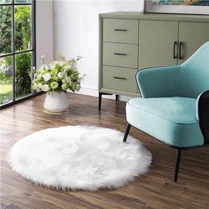 White Round Rugs 5ft Circle Faux Fur Sheepskin Living Room Fluffy Washable Rug